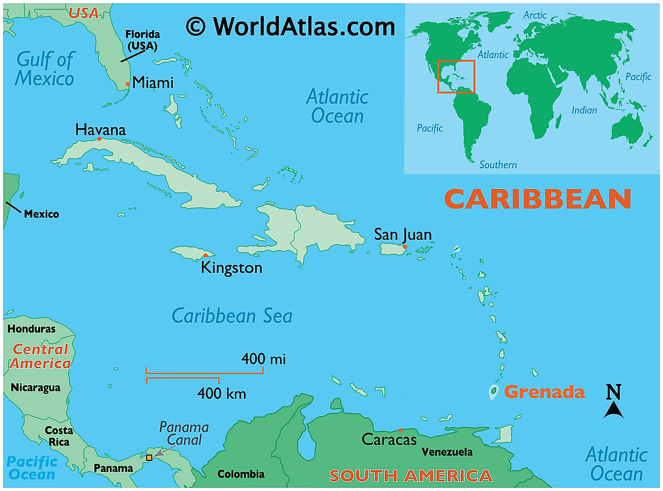 Map showing location of Grenada in the world.