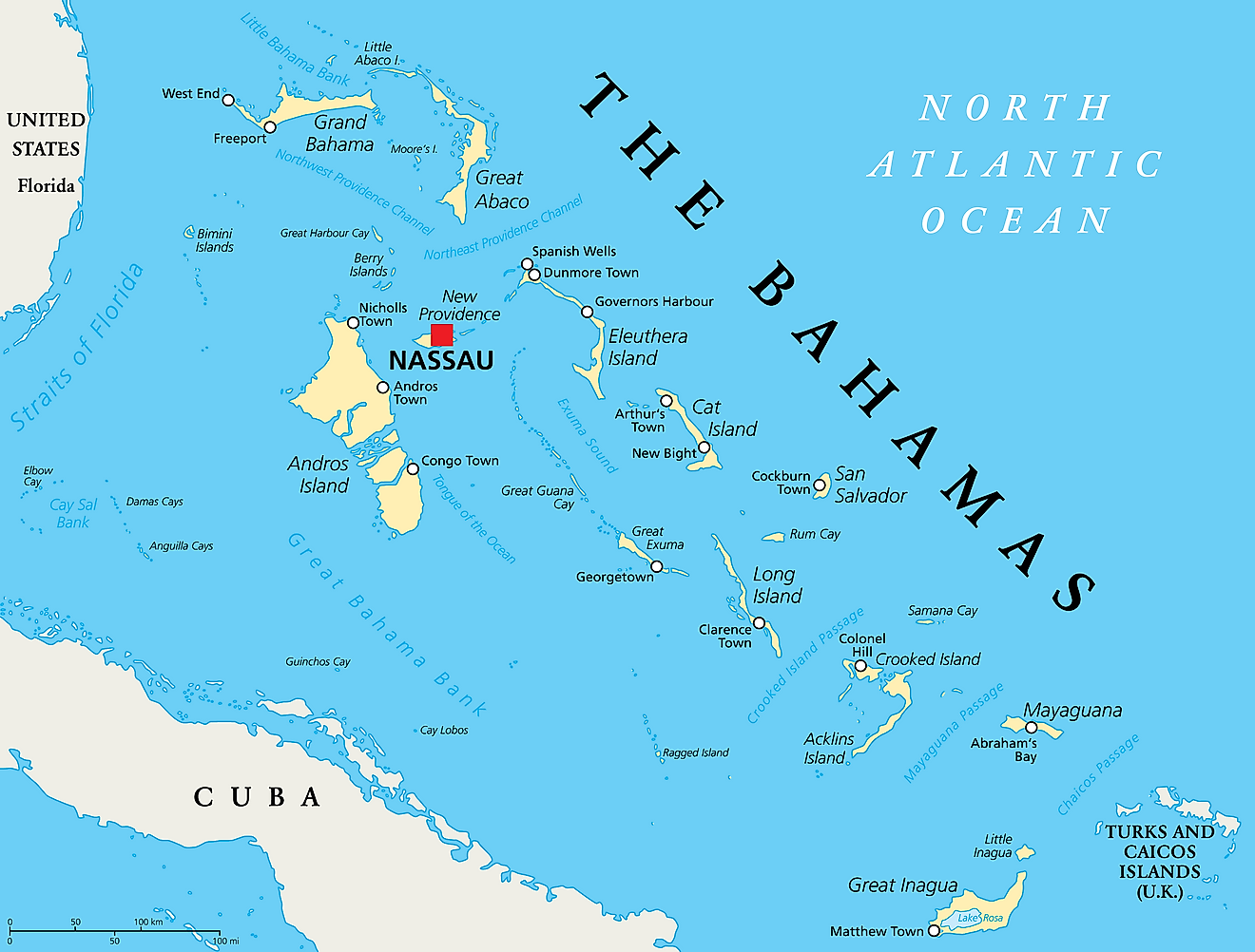 Political Map of The Bahamas showing its 31 districts and the capital city of Nassau