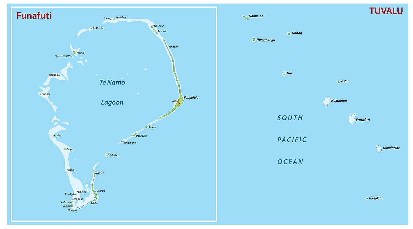 Map of Tuvalu showing its major islands and the capital atoll - Funafuti