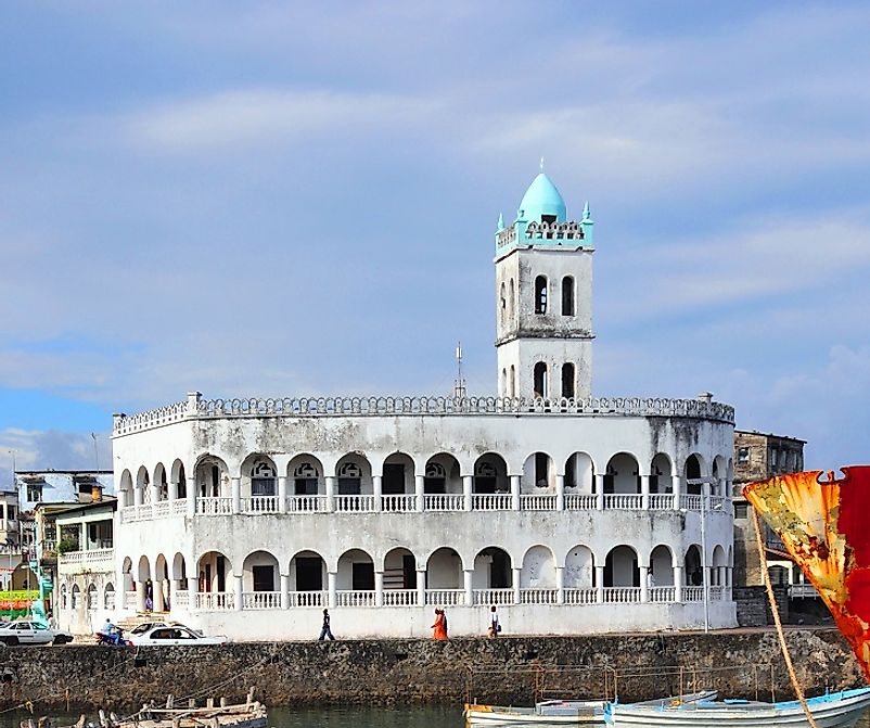 A unique port-side mosque along the seashore in the city of Moroni, Comoros.