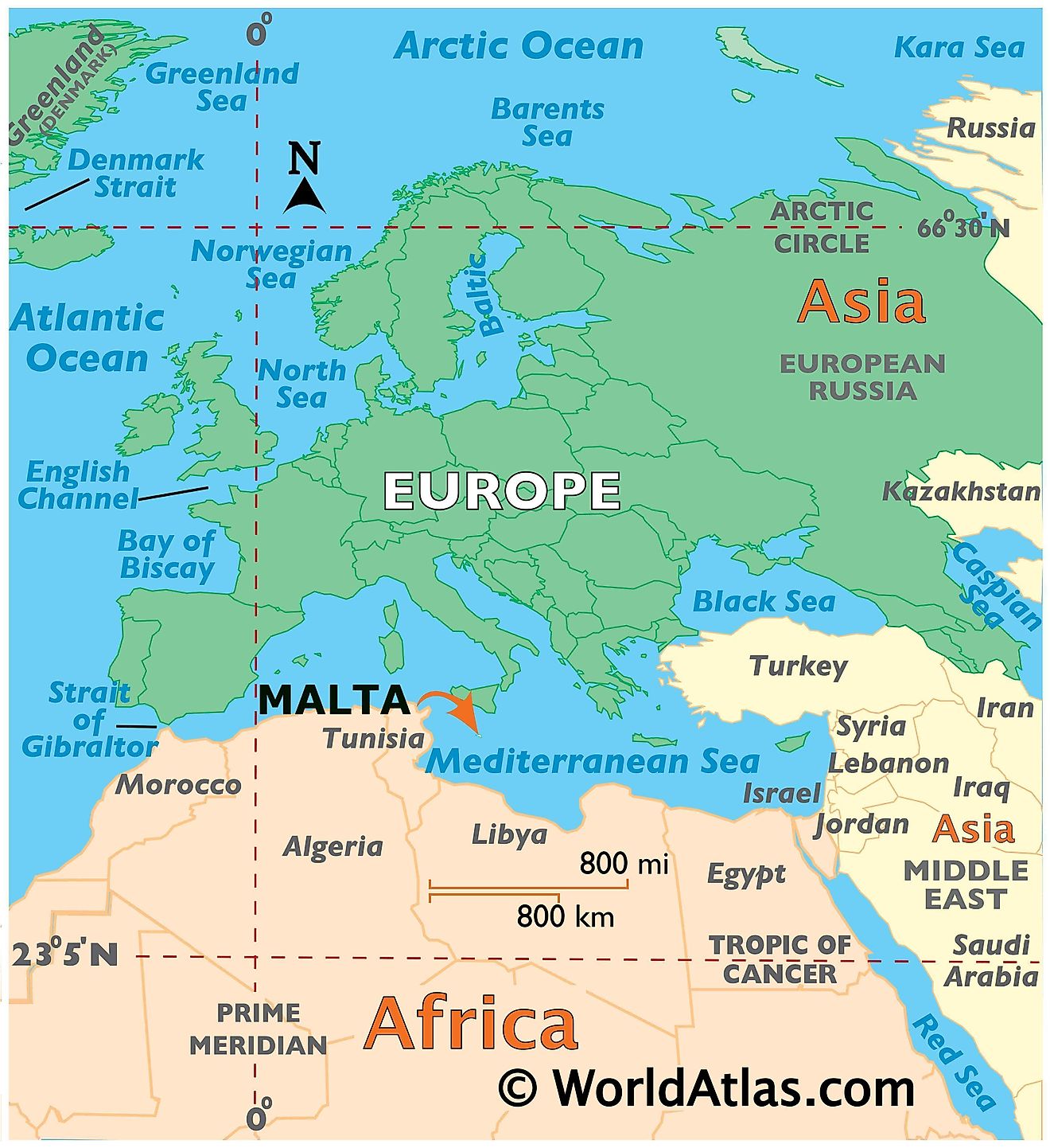 Map showing location of Malta in the world.