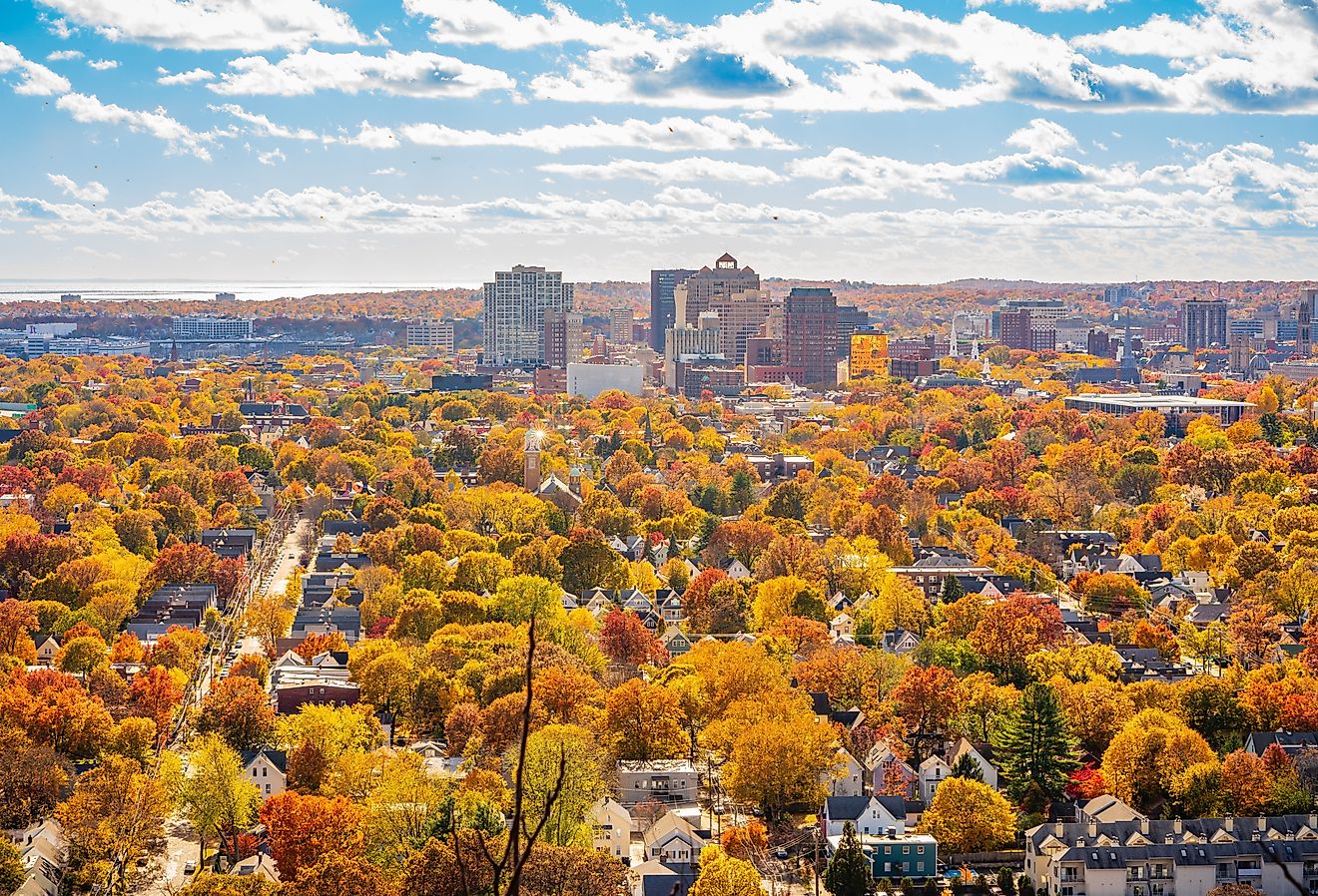 Beautiful fall views of New Haven and Yale University from the summit of East Rock Park. Image credit Winston Tan via Shutterstock.