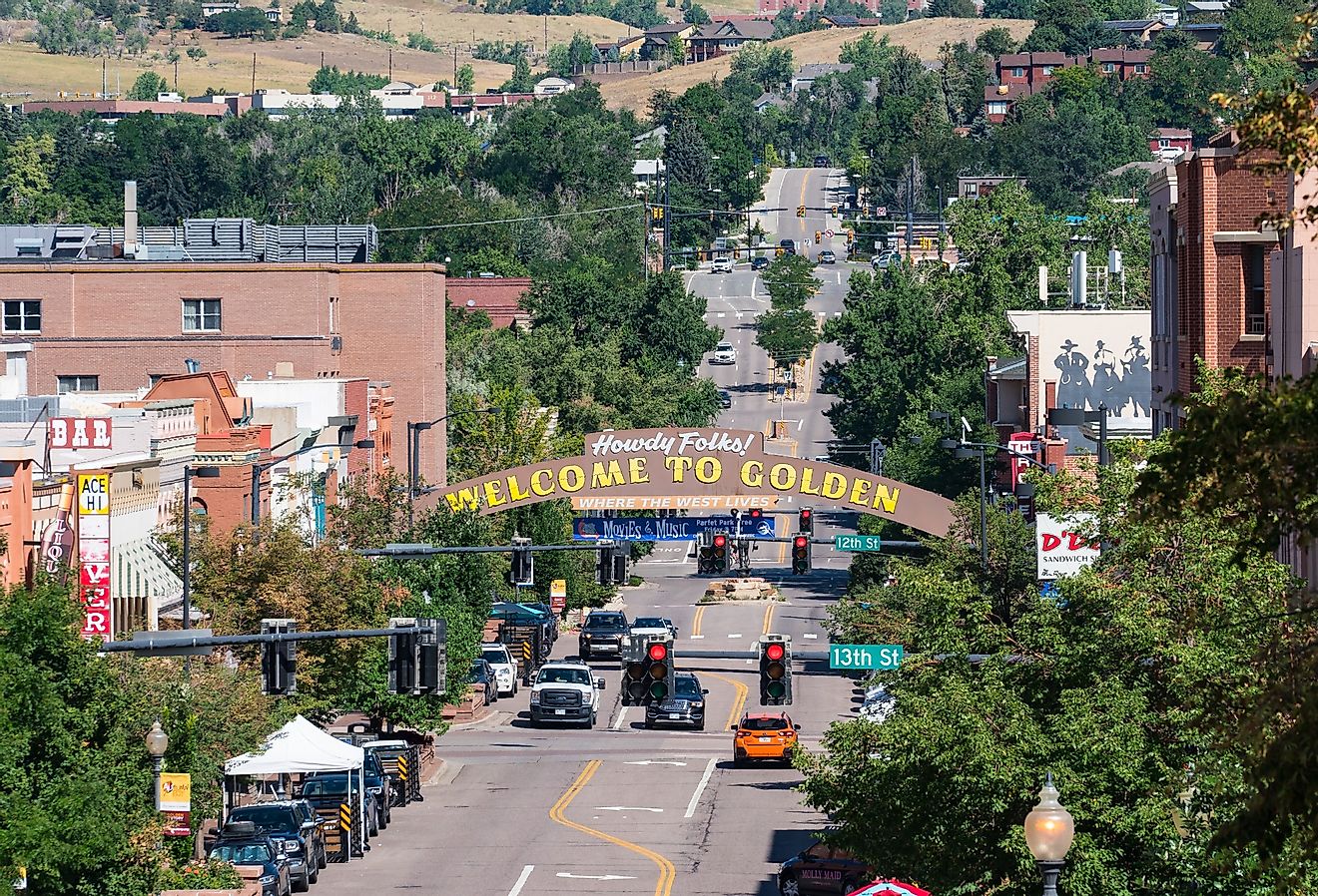 Welcome to Golden sign along Washington street in Golden, Colorado. Image credit Paul Brady Photography via Shutterstock