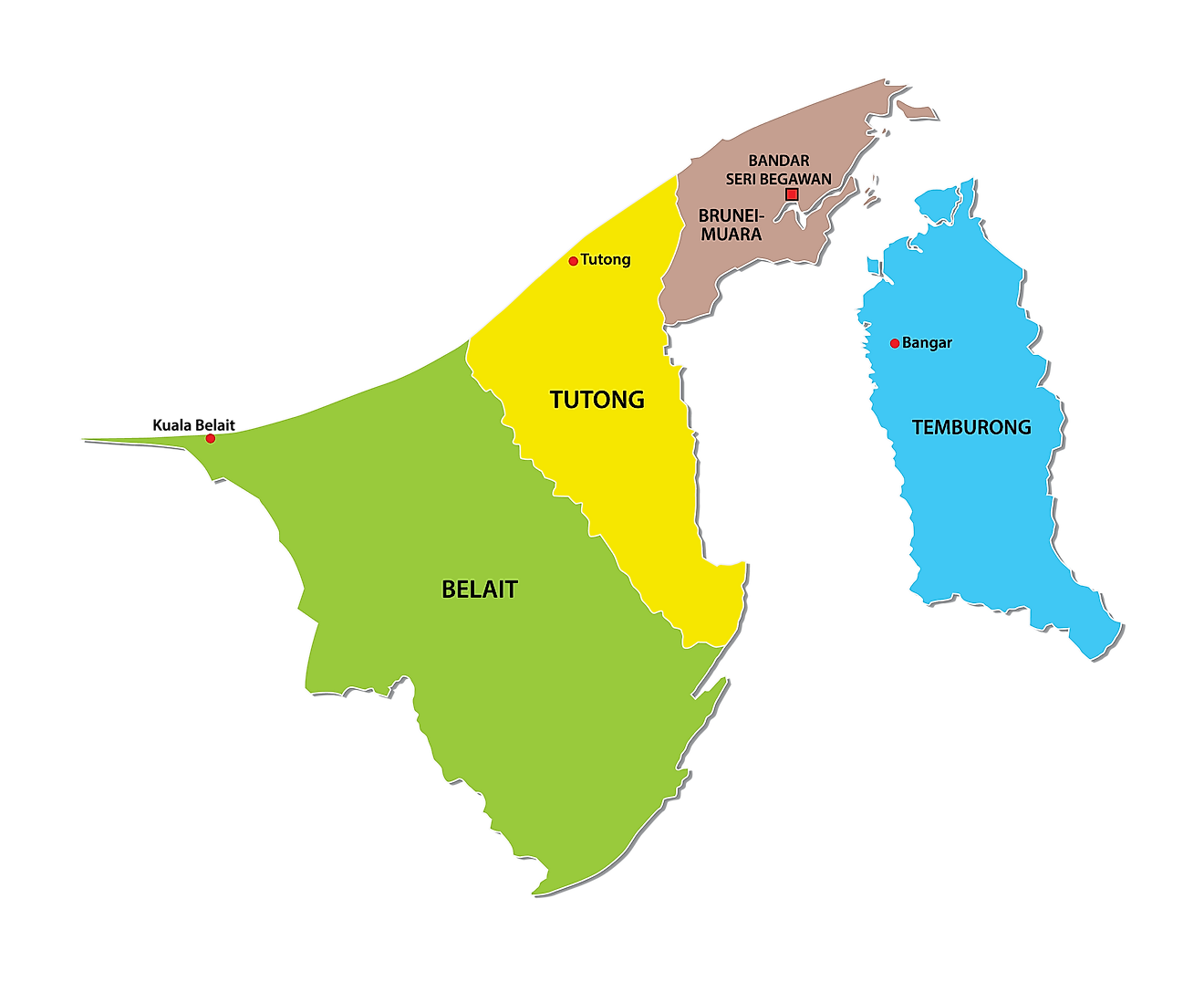 Political Map of Brunei showing the 4 districts of Brunei, important urban centres and the national capital of Bander Seri Begawan.