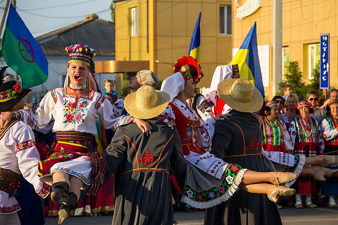 Dancers in traditional Ukrainian outfits. Editorial credit: Olha Solodenko / Shutterstock.com. 