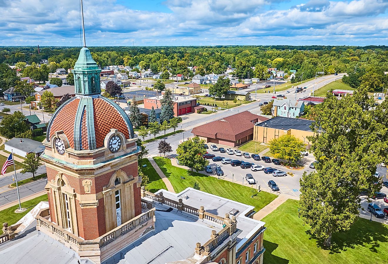 Aerial view of Elkhart Courthouse and suburban townscape of Goshen, Indiana.