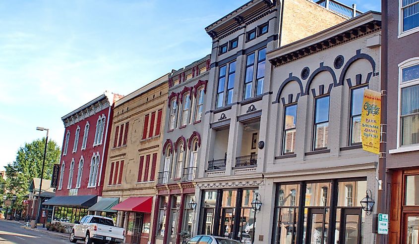 Row of colorful, historic buildings on the main street in the downtown area