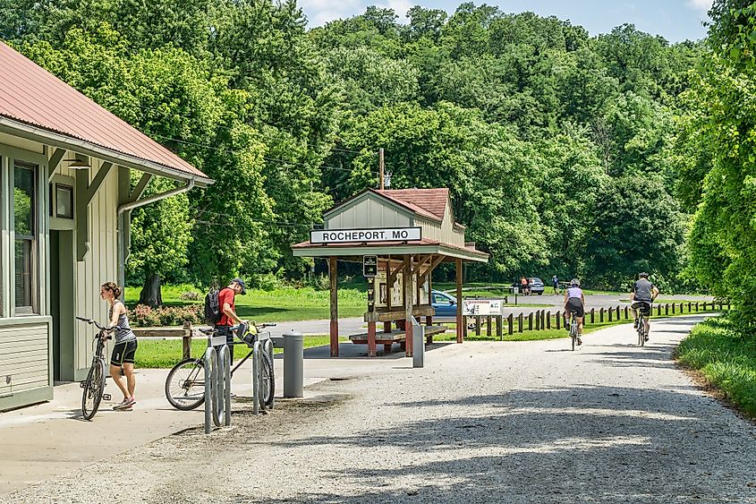 ROCHEPORT, MO, USA - AUGUST 1, 2015: Cyclists at Rocheport station on Katy Trail (237 mile bike trail stretching across most of the state of Missouri converted from abandoned railroad).