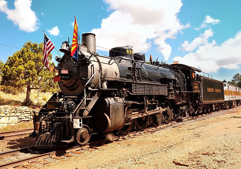 Vintage Steam Locomotive of the Grand Canyon Railway at a station in Grand Canyon Village, Arizona.