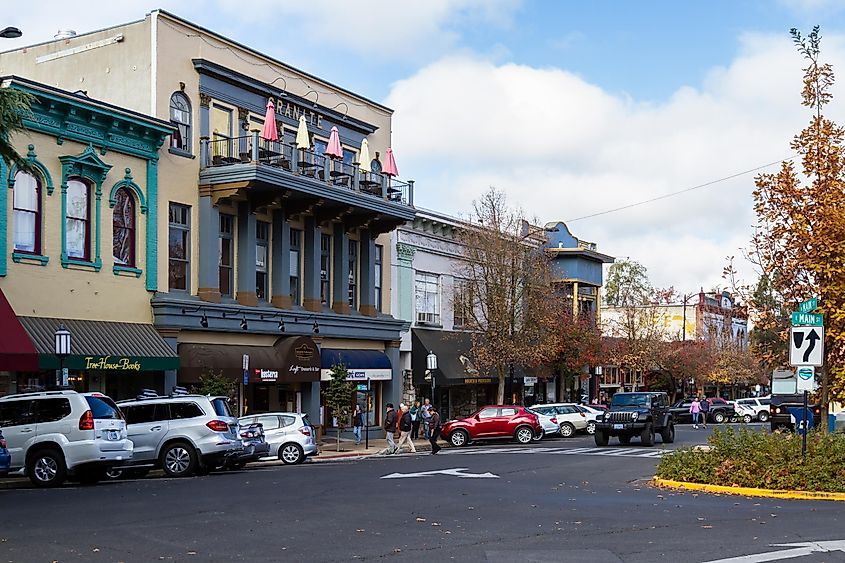 People walking to the shops with vehicles parked on the streets Ashland, Oregon, via Nature's Charm / Shutterstock.com