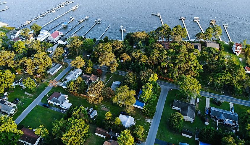 Aerial view of the residential area and waterfront homes near Millsboro, Delaware