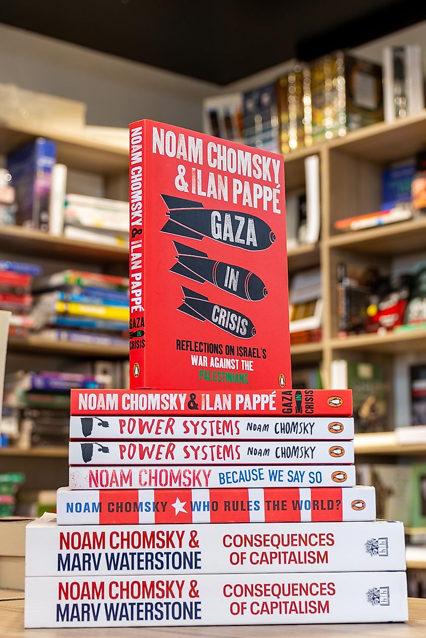 Close up Noam Chomsky and Ilan Pappé's Gaza in Crisis book in the bookshop. Stack of books.Editorial credit: hamdi bendali / Shutterstock.com
