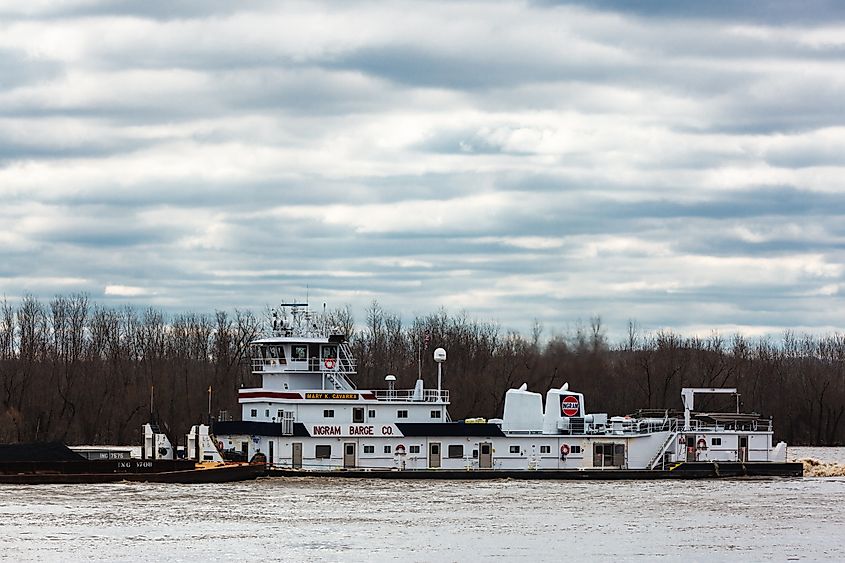 A barge on the heavily traveled Mississippi River in Kimmswick, Missouri.