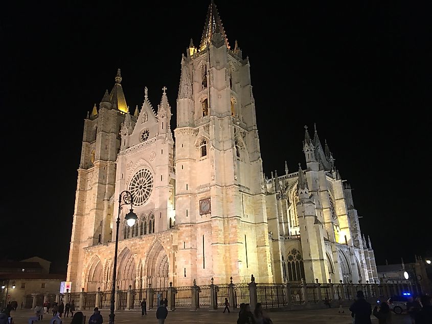 The grand Santa María de Regla de León Cathedral illuminated on a dark winter night. 