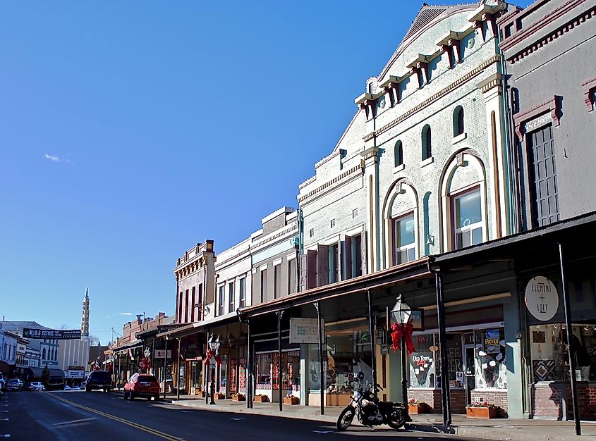 Vibrant buildings along Mill Street in downtown Grass Valley, California.