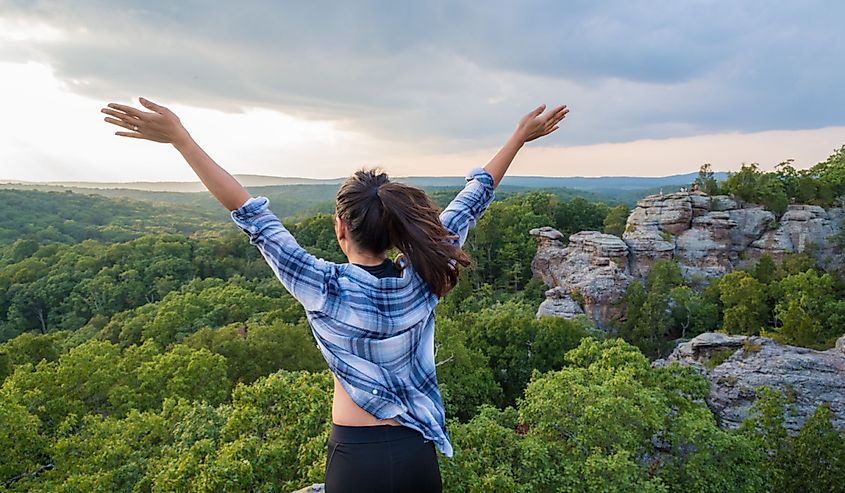Woman enjoying the beautiful view of the Garden of Gods at Shawnee National Forest