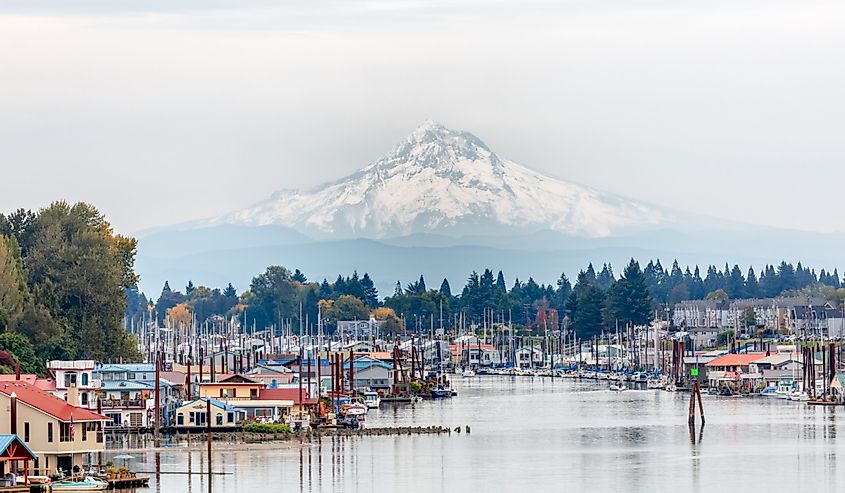 View of Mt. Hood and Portland's marina with floating boat houses 