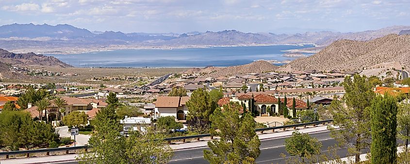 Panoramic view of Boulder City with Lake Mead in the backround.