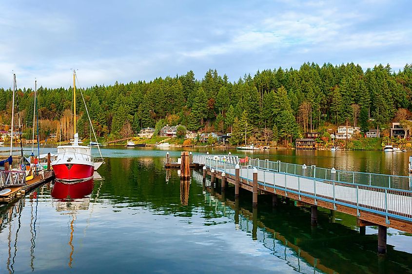 Red boat in the Harbor in Gig Harbor, Washington.