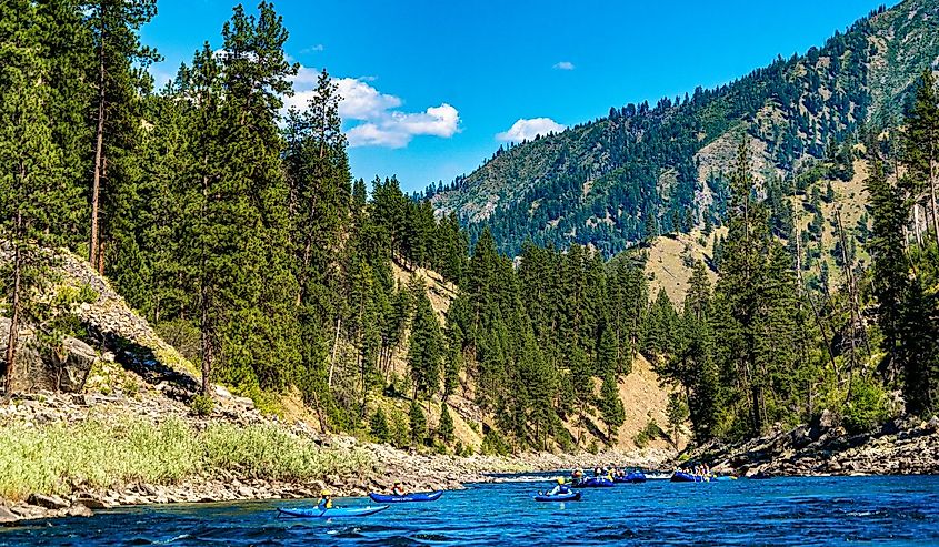 A river raft and kayaks in white water on the Salmon River in the Frank Church River of no Return wilderness area in northern Idaho