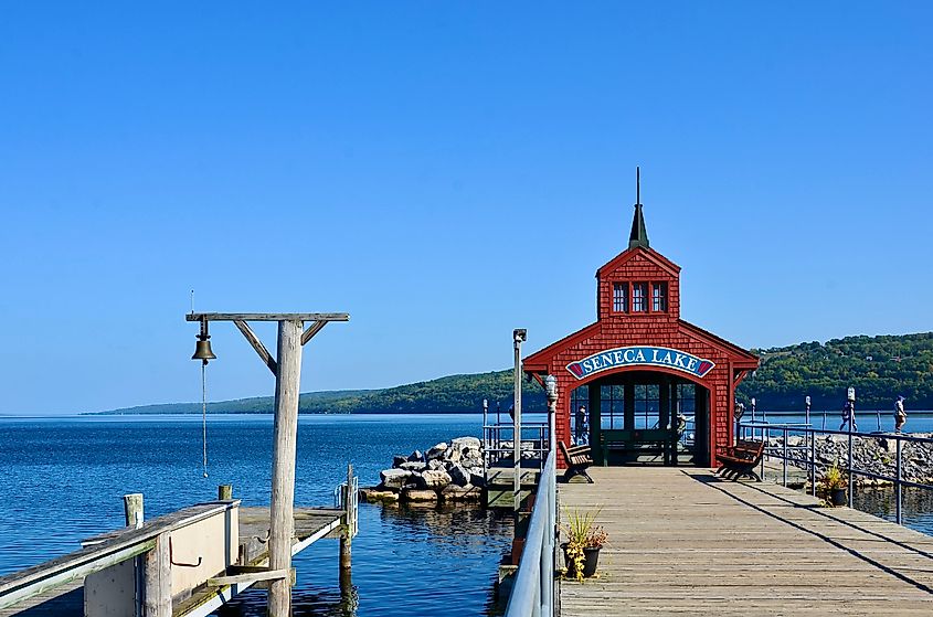 Visitors enjoy a picturesque view from the iconic Pier House at Watkins Glen.