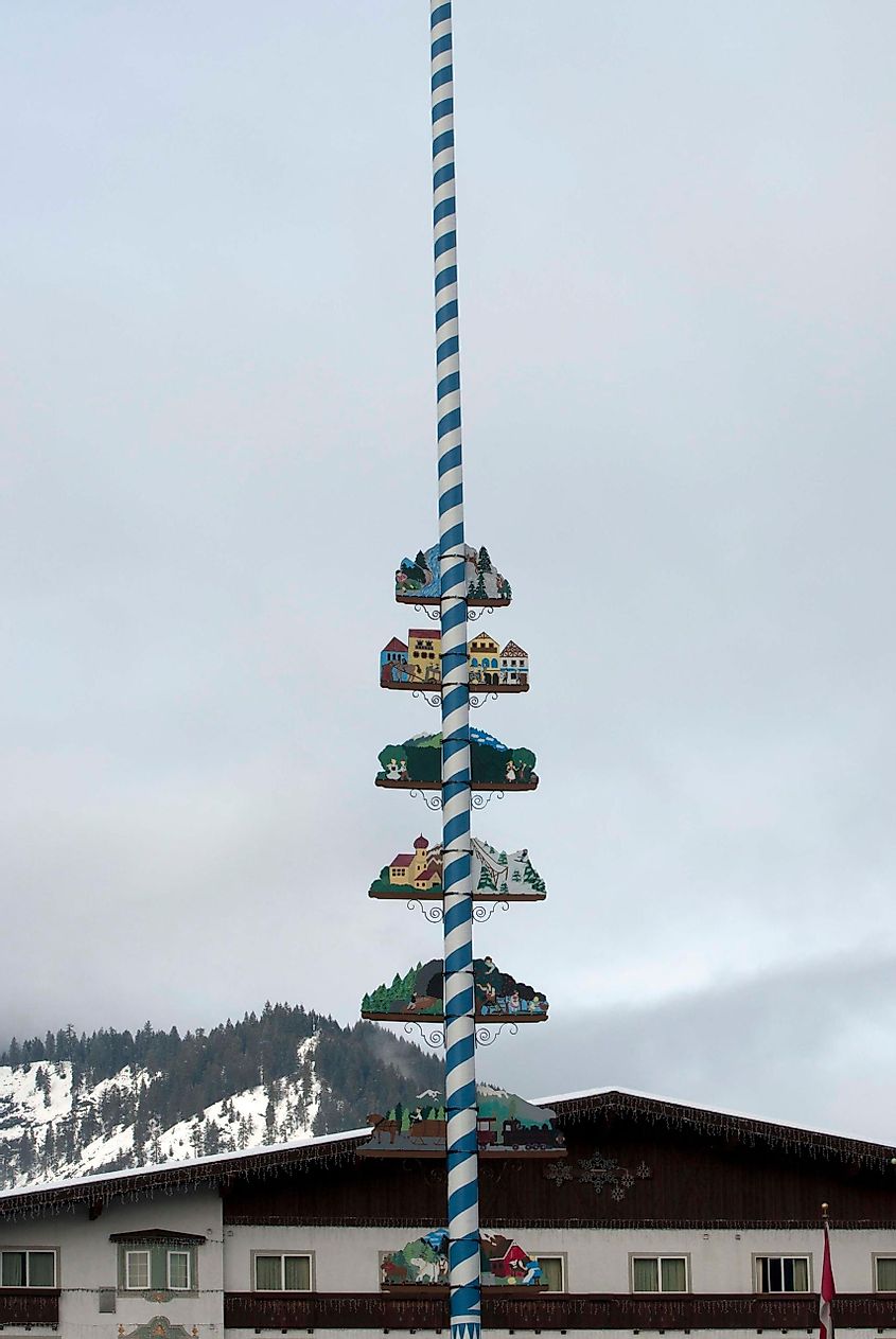A maypole in the town square of Leavenworth, Washington