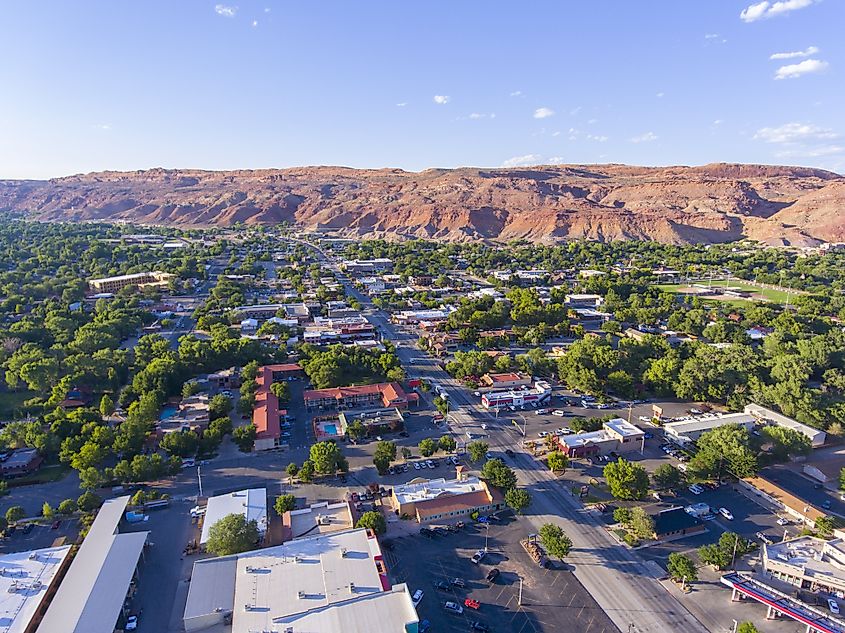 Aerial view of Moab city center and historic buildings in summer, Utah, USA.