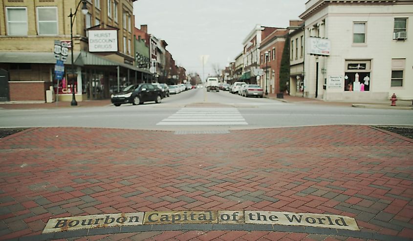Bardstown, Kentucky, the bourbon capital of the world sign and downtown