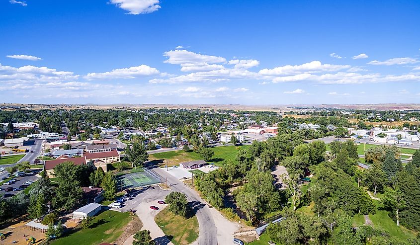 Aerial view of Buffalo, Wyoming which is at the base of the Bighorn Mountains