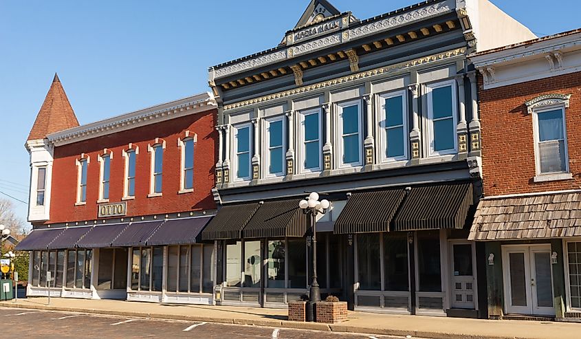 Downtown buildings and storefronts in Arcola, Illinois, USA.