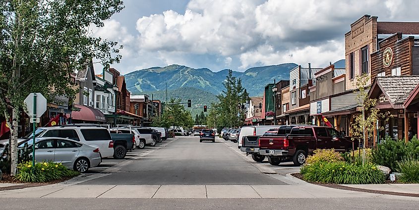 Main Street lined with buildings in Whitefish, Montana.