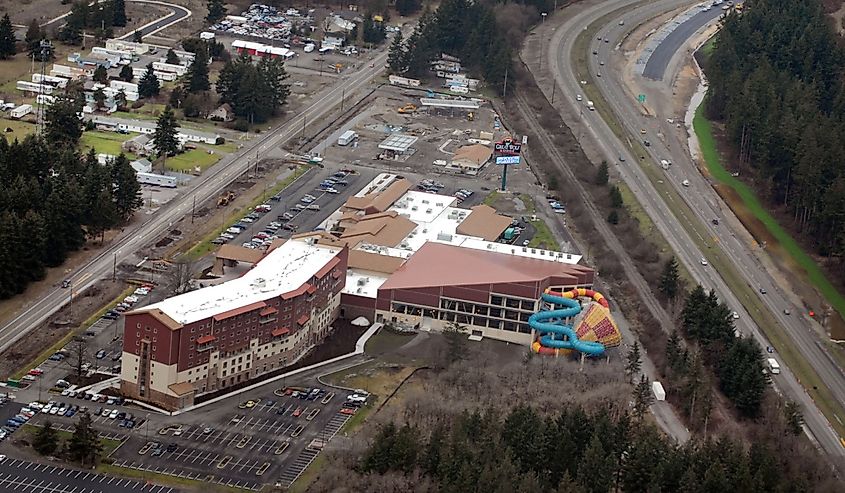 Aerial view of The Great Wolf Lodge is a new indoor water park along Interstate 5 between Portland and Seattle.
