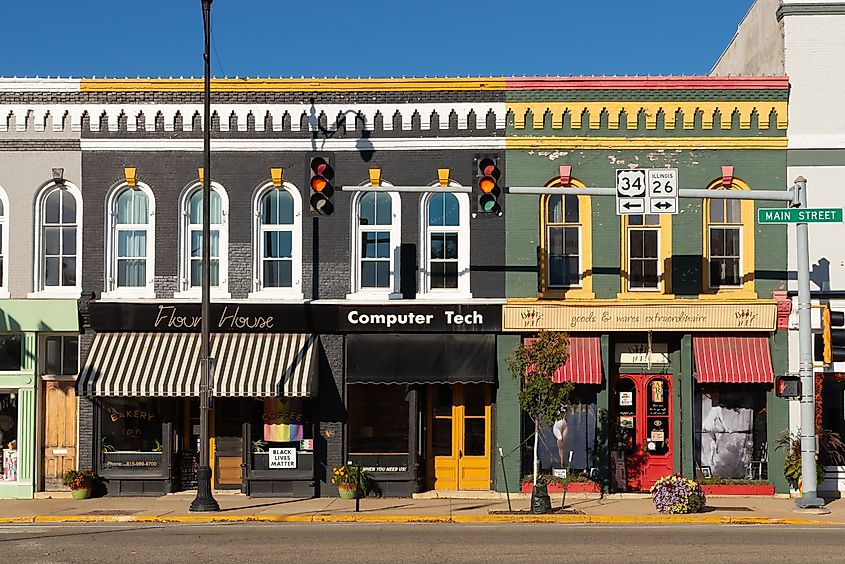 Colorful old brick buildings and storefronts in downtown Princeton, Illinois