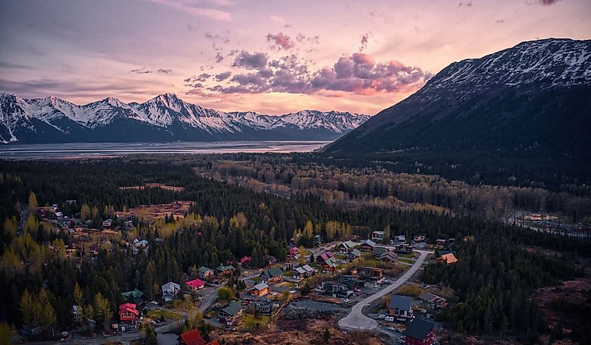 Aerial view of the resort town of Girdwood, Alaska at sunset