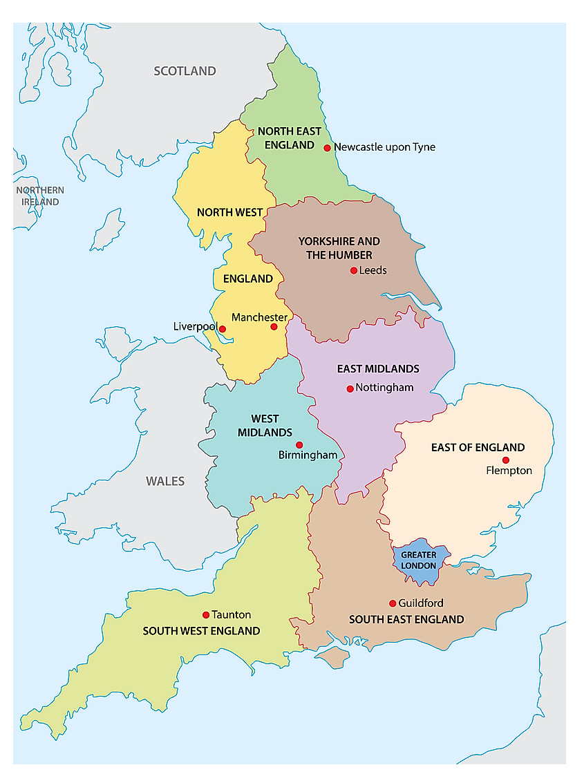 9 regions of england map