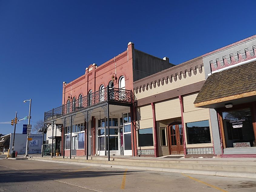 Some of the old buildings along the main street of Tishomingo, the largest city in the Johnson County of Oklahoma.