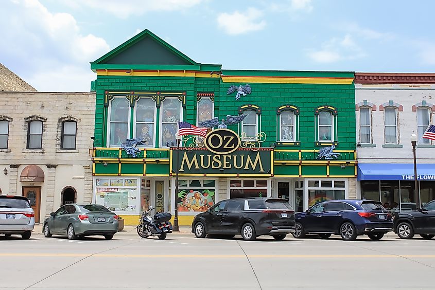 Green museum building on Main Street in Wamego, Kansas, United States.