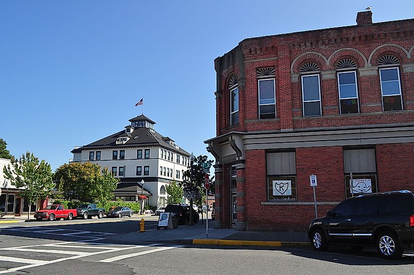 Platt Building(foreground right) and Majestic Inn (background left), Anacortes, Washington.