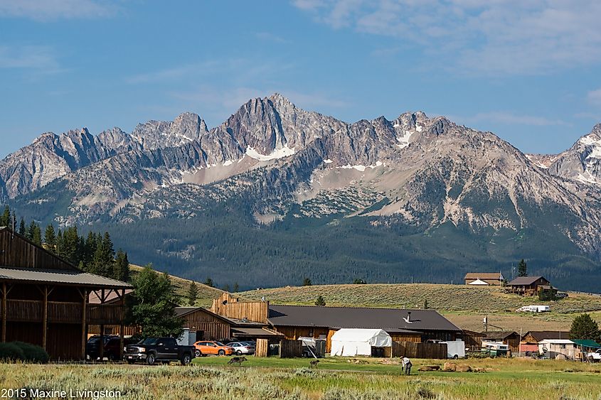 View of the Sawtooth Mountains and town of Stanley, Idaho.