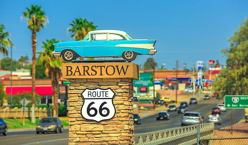 Barstow Sign on Route 66 on entrance of the city's Main Street. Barstow is an important crossroads between Los Angels and Las Vegas.