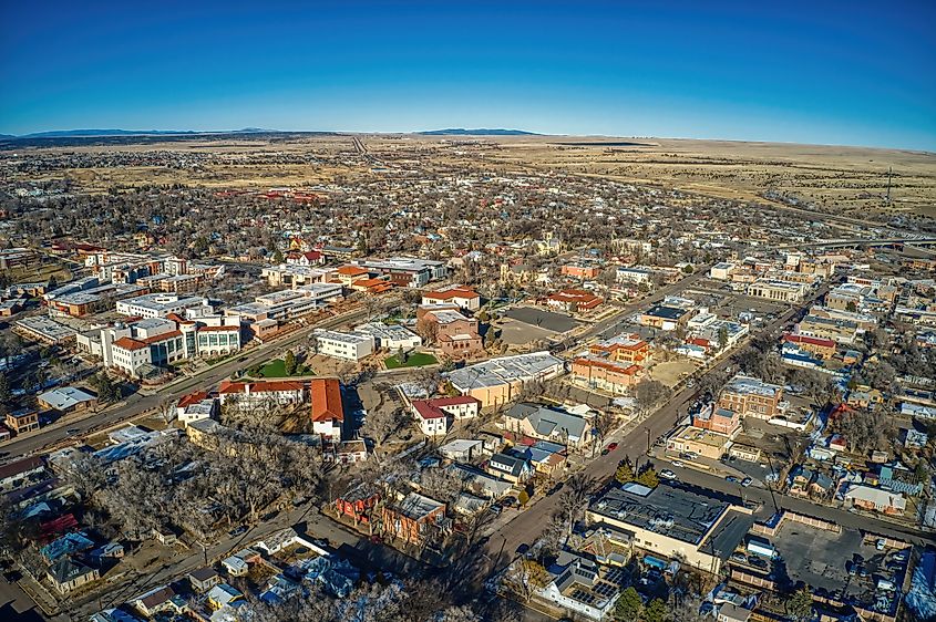 Aerial view of the college town of Las Vegas, New Mexico in winter.