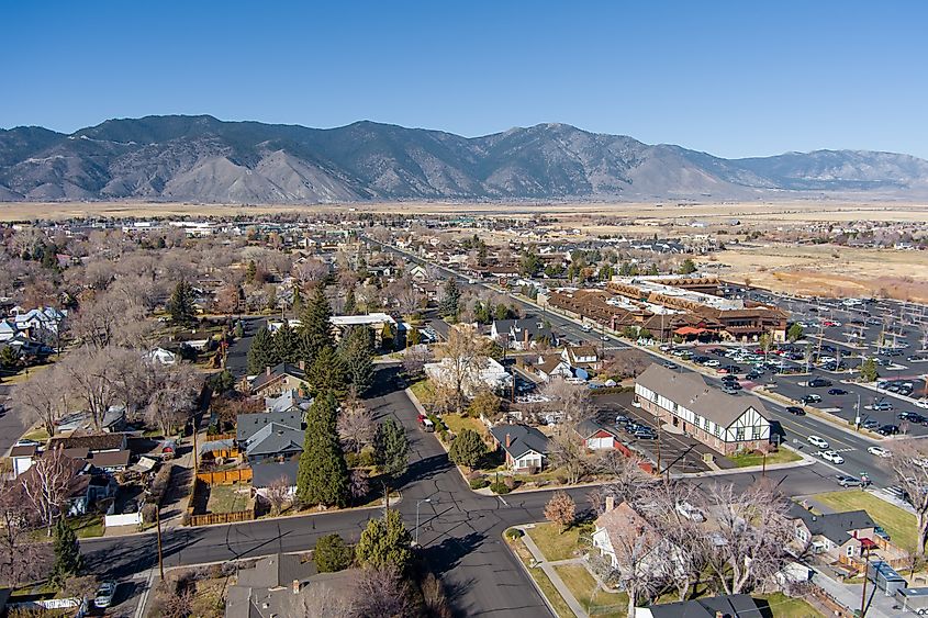Minden, Nevada, USA: Aerial view of Minden and Gardnerville along Highway 395 in the Carson Valley.