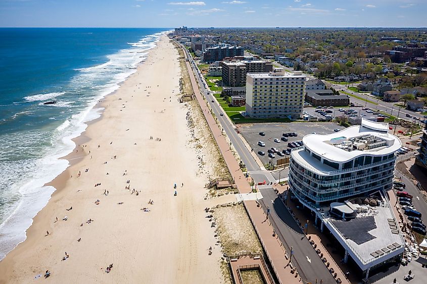 Aerial view of Pier Village in Long Branch, New Jersey.