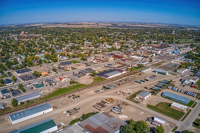 Aerial view of downtown Wahpeton, North Dakota, in summer.