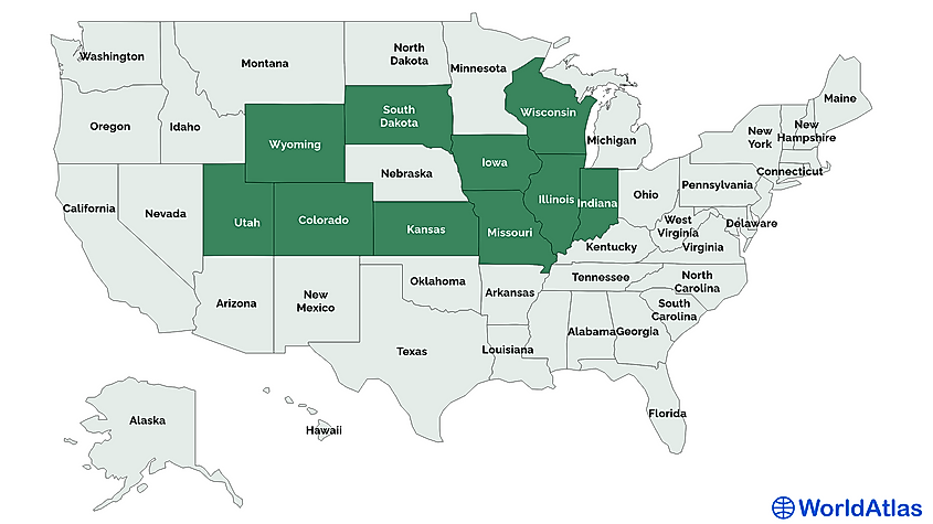 Map showing the doubly landlocked states of the United States.