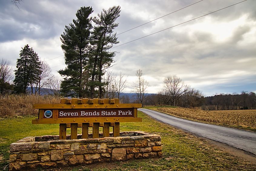 The sign of the Seven Bends State Park near Woodstock, Virginia.