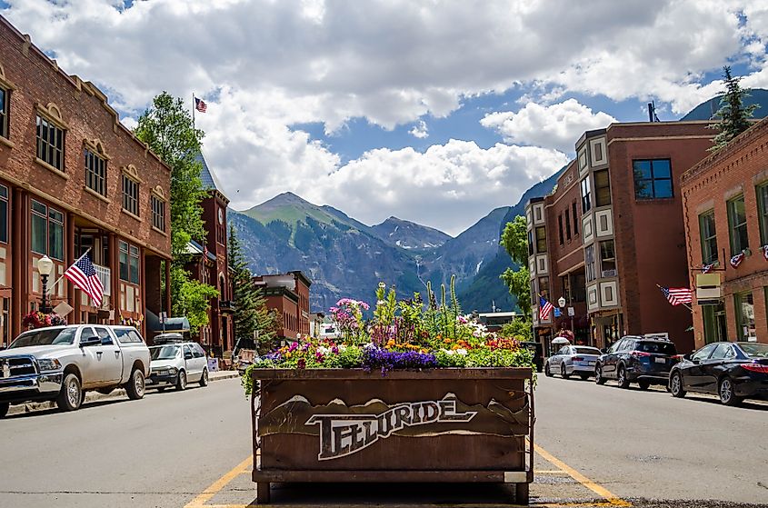 Downtown Telluride, Colorado with flowers blooming.