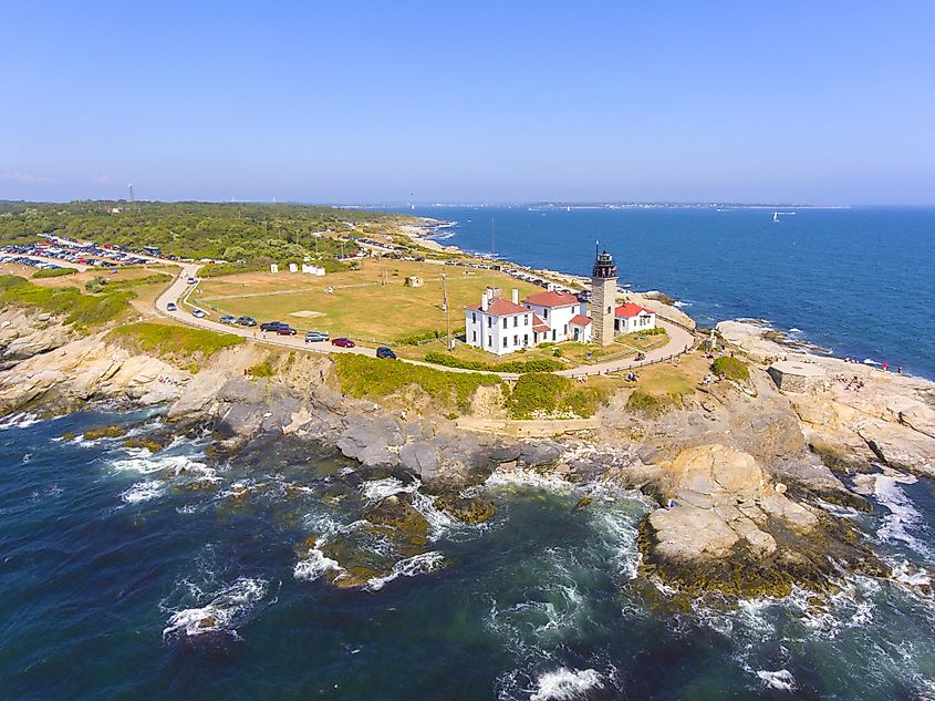 Aerial view of Beavertail Lighthouse in Beavertail State Park.