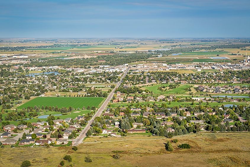 Aerial view of town of Scottsbluff and North Platte RIver in Nebraska,