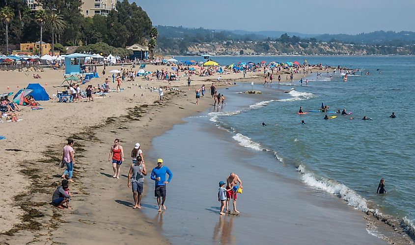 People, including families and friends, enjoy a sunny summer day along the Pacific Coast at the beach in Capitola, in Santa Cruz County, via David A Litman / Shutterstock.com